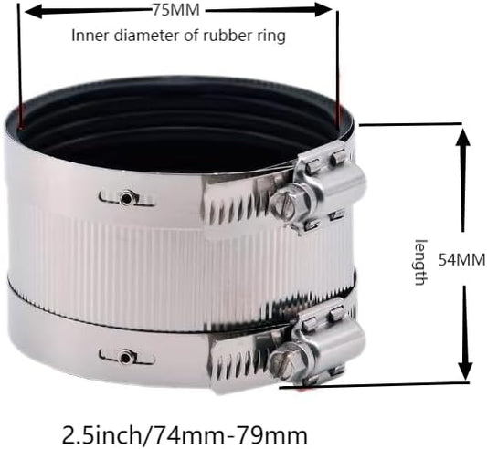 Flexible pipe Coupling with Stainless Steel Clamps.Pipe Connector for PVC and Metal Pipes (2.5inch/74mm-79mm)