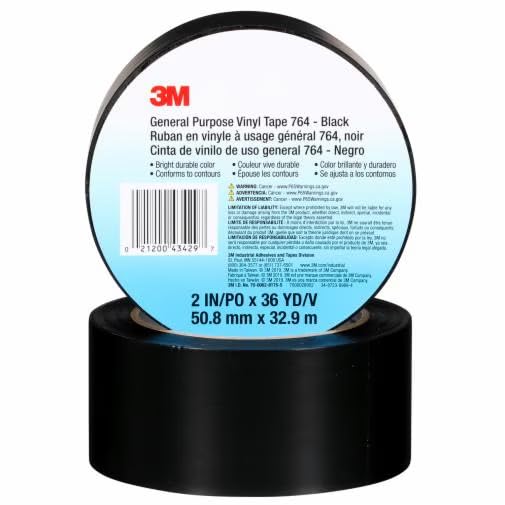 3M Vinyl Tape 764, General Purpose, 2 in x 36 yd, Black, 1 Roll, Light Traffic Floor Marking Tape, Social Distancing, Color Coding, Safety, Bundling