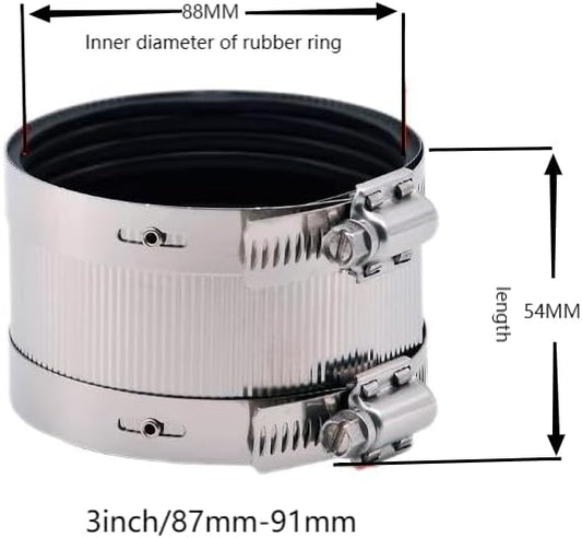 Flexible pipe Coupling with Stainless Steel Clamps.Pipe Connector for PVC and Metal Pipes (3inch/87mm-91mm)