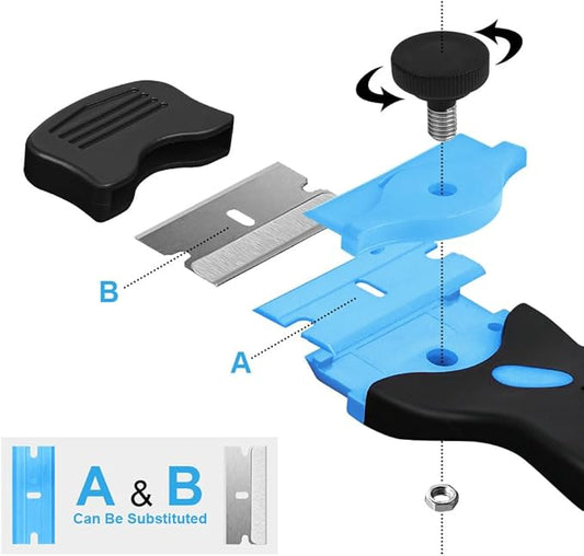 Ainiv Razor Blade Scraper, 2-in-1 Scraper Tool with 10PCS Metal Blades and 10PCS Plastic Blades, Multi-funtional Cleaning Razor Scraper for Decals, Stickers, Labels, Caulk, Adhesive Removal(Blue)