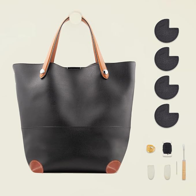 WEBEEDY Bag Corner Repair Set DIY Kit for Bag Corner Fix Protector Black Leather Fabric Repair Patch with Cone,Needle,Thread and Finger Cots for Sewing Fix Leather Bags Working Projects