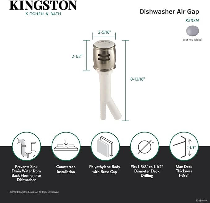 Kingston Brass K511SN Heritage Dishwasher Air Gap, Brushed Nickel