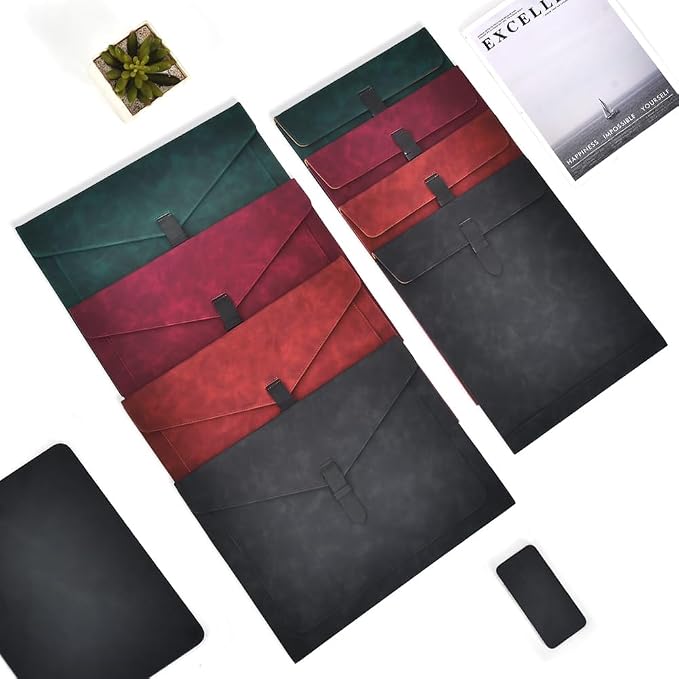 Black PU Leather File Folder, Snap Closure File Organizer, Important Document Folder with Pockets, Document Organizer, Laptop Sleeve Notebook Case, A4 Envelopes Filing Folder