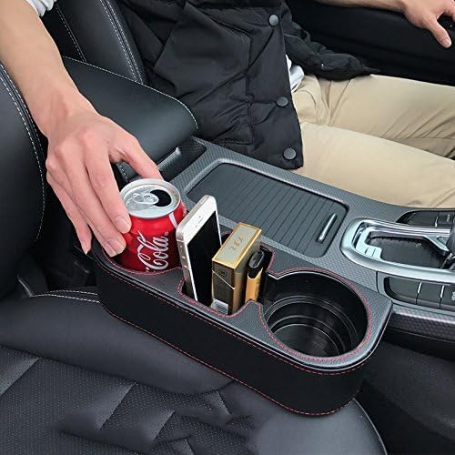 IOKONE Car Cup Holder, Auto Cup Drink Holders,Multifunctional Auto Front Seat Organizer with PU Leather Cover, Gap Filler Storage Box Coin Bucket Console Side Pocket Cell Mobile Phone Holder (Black)