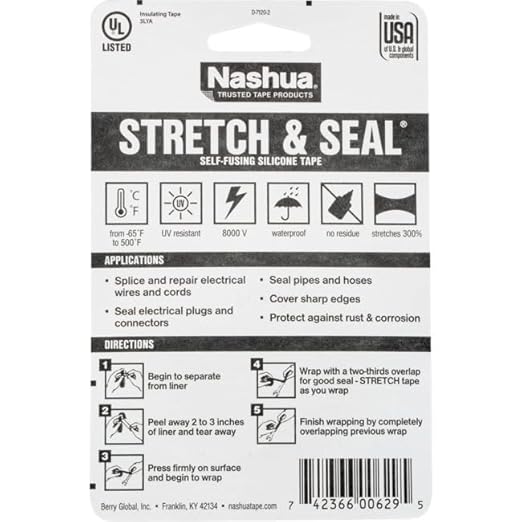 Nashua Self-Fusing Rubber Stretch and Seal Tape, 20 mil Thick, 10' Length, 1" Width, Black