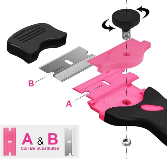 Ainiv Razor Blade Scraper, 2-in-1 Scraper Tool with 10PCS Metal Blades and 10PCS Plastic Blades, Multi-funtional Cleaning Razor Scraper for Decals, Stickers, Labels, Caulk, Adhesive Removal(Pink)