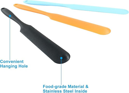 Hitefu 3 Pcs Silicone Jar Spatulas, Non-Stick Scraper Tools for Baking Cake & Spraying Butter Cream (Black, Blue & Orange)