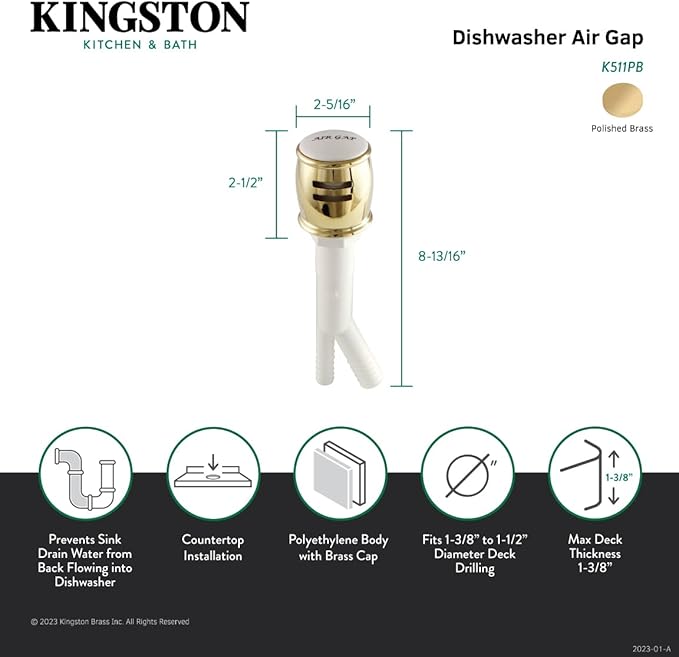 Kingston Brass K511PB Heritage Dishwasher Air Gap, Polished Brass