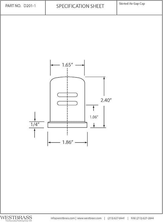 Westbrass D201-1-100-01 1-3/4" x 2-3/4" Solid Brass Air Gap Cap Only, Skirted, Polished Brass (100-Pack)