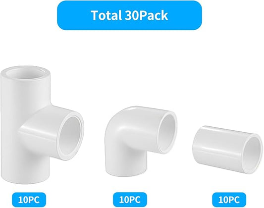 LESSO 30 Pcs 1/2 Inch PVC Fittings Set, Includes Tee Fittings, Couplings, 90 Degree Elbows, Furniture Grade, Sch40 White for DIY Projects, Greenhouse, Shed, Plumbing, and Building