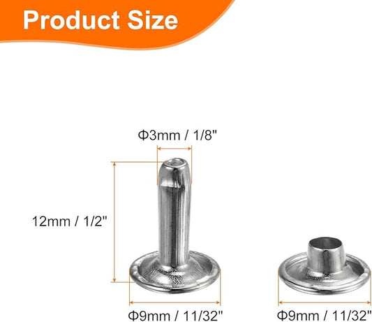 HARFINGTON 100 Sets Double Cap Leather Rivets, 9x12mm Round Cap Tubular Metal Studs Leather Crafting Rivets for Fabric Belt Pet Collar Boot Bag Repair and Decoration, Silver