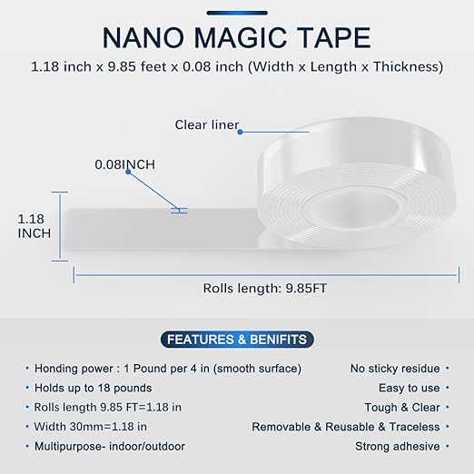 SANKEMU Double-Sided Tape Heavy Duty 9.84 FT x 1.18 in – Clear Removable Mounting Tape for Walls, Carpet, Rugs, Posters – Reusable, No-Residue, Indoor/Outdoor Nano Gel Grip