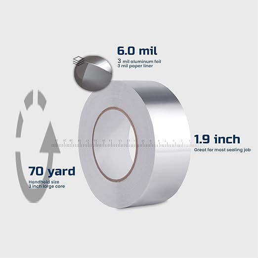 Lichamp HVAC Aluminum Foil Tape, Metal Insulation Tape for Ductwork, AC Air Conditioner Sealing, 2 inch x 70 Yards (210 feet), A201SL