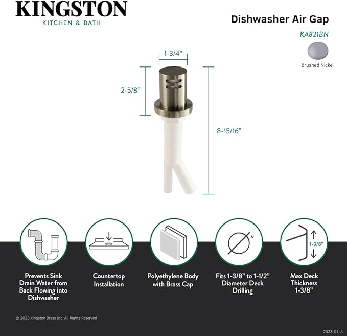 Kingston Brass KA821BN Trimscape Dishwasher Air Gap, Brushed Nickel