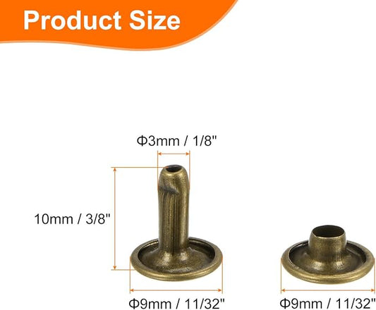 HARFINGTON 100 Sets Double Cap Leather Rivets, 9x10mm Round Cap Tubular Metal Studs Leather Crafting Rivets for Fabric Belt Pet Collar Boot Bag Repair and Decoration, Bronze