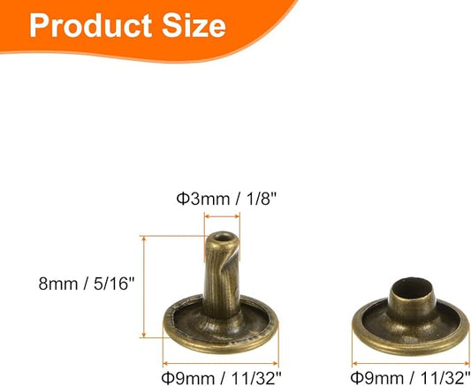 HARFINGTON 100 Sets Double Cap Leather Rivets, 9x8mm Round Cap Tubular Metal Studs Leather Crafting Rivets for Fabric Belt Pet Collar Boot Bag Repair and Decoration, Bronze