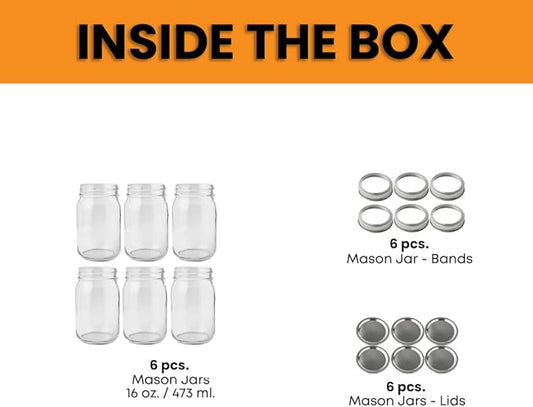 FastRack 16 oz Regular Mouth Mason Jars (Pack of 6) with Airtight Metal Lids | Pint Glass Canning Jars for Food Storage, Fermentation & Pickling | Clear Glass Canisters