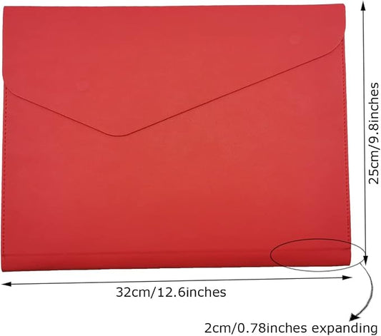 PU A4 Leather File Folder Document Holder Folder Stylish Portfolio Envelope Case with Strap and Invisible Magnetic Closure (Red)