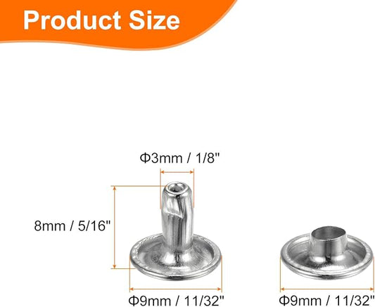 HARFINGTON 100 Sets Double Cap Leather Rivets, 9x8mm Round Cap Tubular Metal Studs Leather Crafting Rivets for Fabric Belt Pet Collar Boot Bag Repair and Decoration, Silver