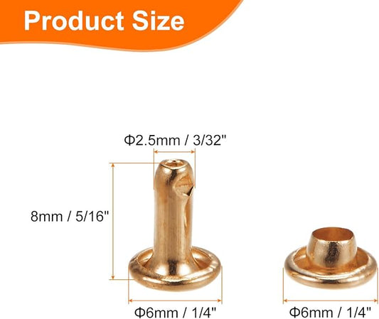 HARFINGTON 100 Sets Double Cap Leather Rivets, 6x8mm Round Cap Tubular Metal Studs Leather Crafting Rivets for Fabric Belt Pet Collar Boot Bag Repair and Decoration, Light Gold