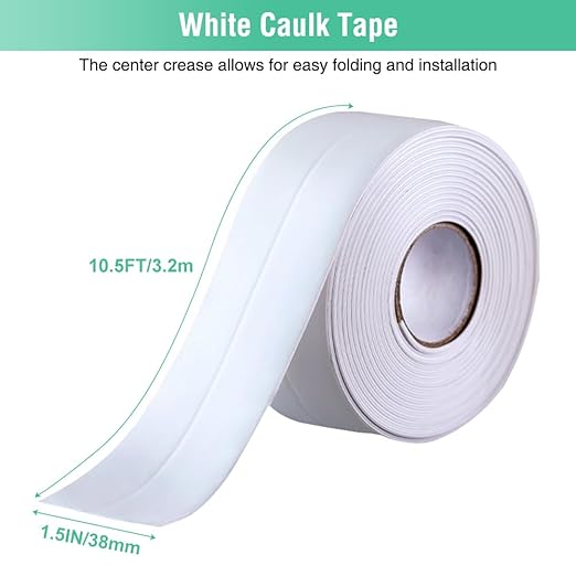 White Caulk Tape Bathroom Easy DIY Sealant Solution Peel & Stick for Bathtubs Toilets Walls Floors Tiles Wallpaper Edges, Quick & Mess-Free Waterproof Sealing, Create a Clean Finished Look in Minutes