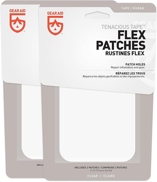 GEAR AID Tenacious Tape Flex Heavy Duty Patches for Fixing Holes and Rips in Outdoor Fabrics, Vinyl, Pool and Snow PVC Inflatables, Peel-and-Stick, Clear, Two 3" x 5" Patches