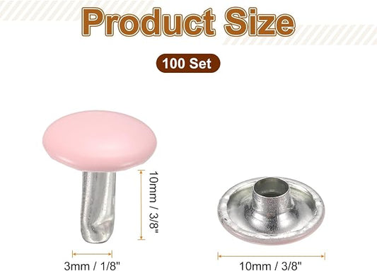 HARFINGTON 100 Sets Double Cap Leather Rivets, 10x10mm Round Cap Tubular Metal Studs Leather Crafting Rivets for Fabric Belt Pet Collar Boot Bag Repair and Decoration, Pink