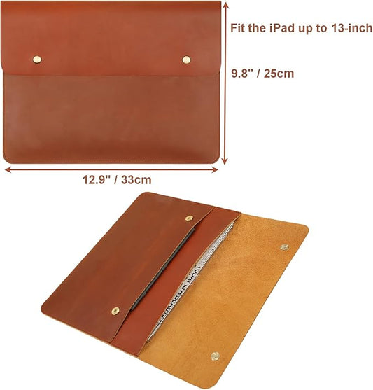 Leather Tablet Sleeve - 12.9 Inch iPad Sleeve, Document Holder Folio File Holder, Genuine Leather Laptop Sleeve Case for Protection and Style-Brown-Custom