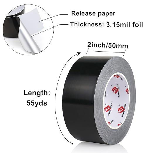 BOMEI PACK Black Aluminum Tape, 2 Inch x 165 Feet, Black Foil Tape for HVAC, Air Ducts, Pipe, Metal Repair, Waterproof