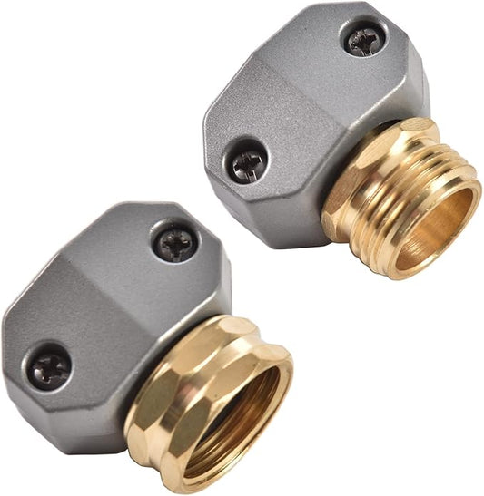 Garden Hose Repair Connector Fitting, Brass Mender Female and Male Hose End Connector with Zinc Clamp, Fit 5/8-Inch and 3/4-Inch Garden Hose, 2 Sets