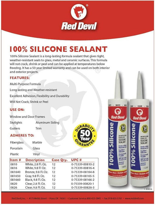 Red Devil 0820 100% Silicone Sealant Architectural Grade, 2.8 oz. Tube, Clear, 1 Pack