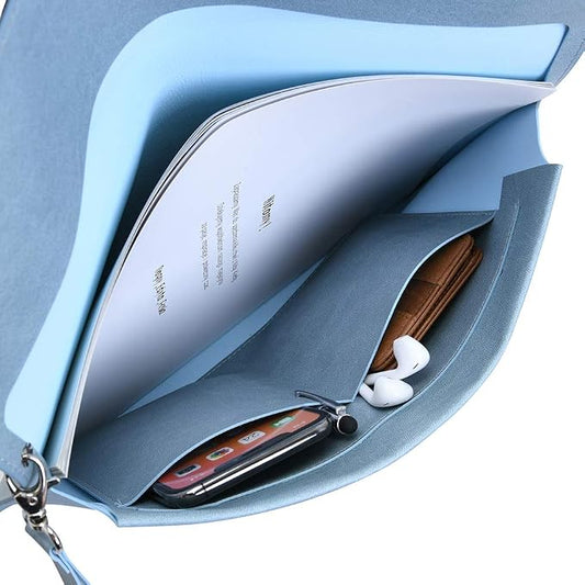 Wonderpool A4 PU Leather Envelope Documents File Portfolio Large Capacity Folders Travel Bag for Paper Letter Stationery Organizer and Tablet Case PC Sleeve (Light Blue)