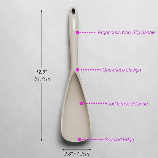 Cooking Spoon for Nonstick Cookwares, VOVOLY Silicone Spoon for Mixing, Scoop, and Scrape,Seamless Design, 12.6'', 2 Pack, Khaki