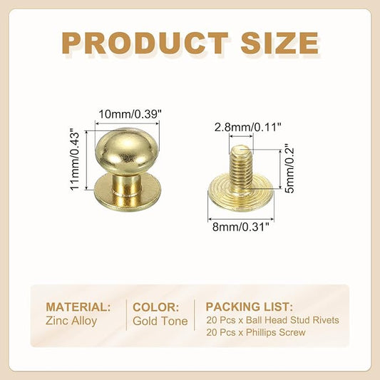 PATIKIL 10 mm Leather Rivets, 20 Sets Ball Head Stud Screw Back Round Head Button Chicago Screw Nipple Stud Rivet for Leather DIY Craft Handbag Belt Repairs, Gold Tone