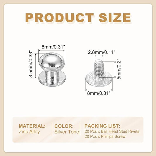 PATIKIL 8 mm Leather Rivets, 20 Sets Ball Head Stud Screw Back Round Head Button Chicago Screw Nipple Stud Rivet for Leather DIY Craft Handbag Belt Repairs, Silver Tone