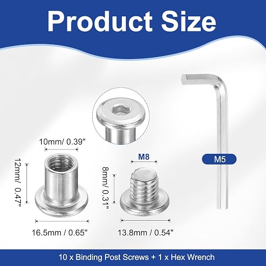 PATIKIL M8x8mm Hex Chicago Screws 10x12mm, 10Pcs 304 Stainless Steel Metric Hex Drive Socket Cap Binding Post Screw Posts for Scrapbook Leather Belt Album Furniture Repair, Silver