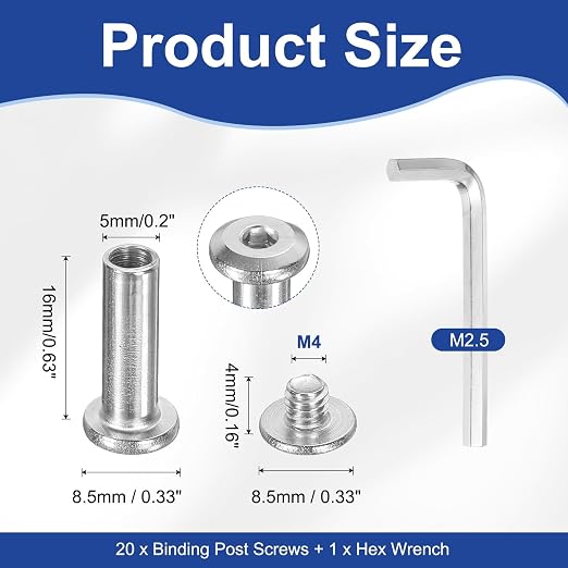 PATIKIL M4x4mm Hex Chicago Screws 5x16mm, 20Pcs 304 Stainless Steel Metric Hex Drive Socket Cap Binding Post Screw Posts for Scrapbook Leather Belt Album Furniture Repair, Silver