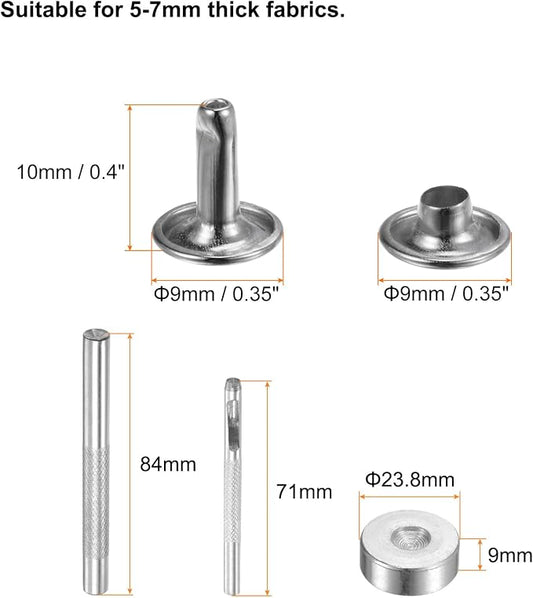 HARFINGTON 100 Sets Leather Rivets 10 x 9mm Metal Double Cap Rivet Snaps Studs Fasteners with 3pcs Setting Tools Rivets for Leather Craft DIY Repair Decoration, Silver Tone