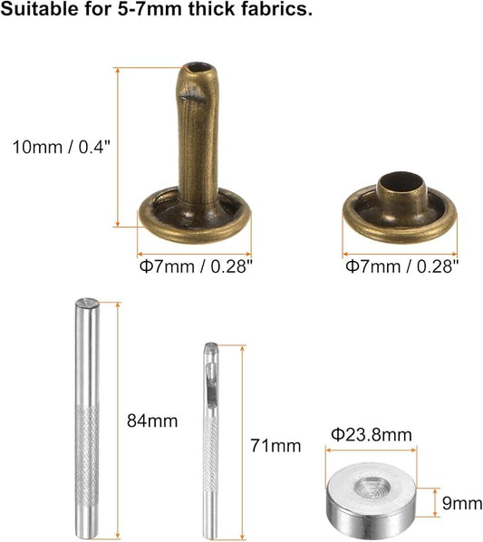 HARFINGTON 100 Sets Leather Rivets 10 x 7mm Metal Double Cap Rivet Snaps Studs Fasteners with 3pcs Setting Tools Rivets for Leather Craft DIY Repair Decoration, Bronze