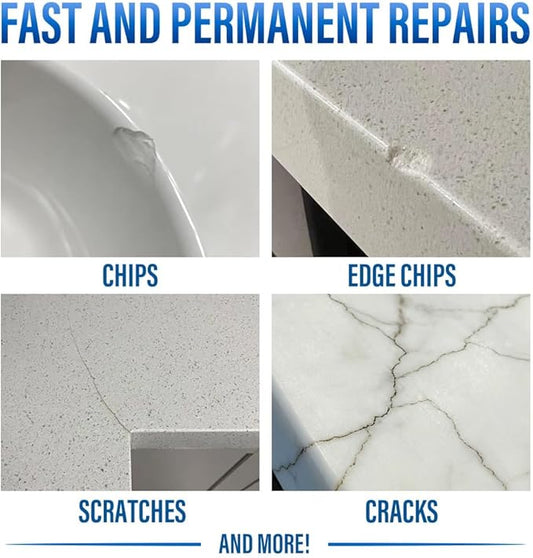 Quartz Countertop Repair Kit (White), Quick-Drying Quartz Repair Kit for Edge Chips, Cracks, Scratches, Nicks on Quartz, Granite, Marble, Porcelain and Other Natural Stone Surfaces