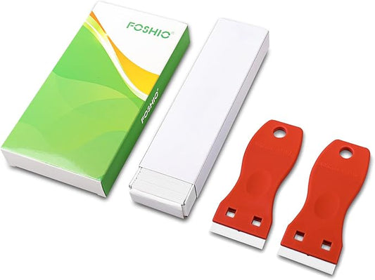 FOSHIO 2PCS Plastic Razor Blade Scraper Tool and 100PCS Plastic Blades for Gasket Remover, Sticker Remover, Labels Decal and Adhesive Remover for Windows and Glass (Red)