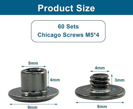 60 Sets Black Chicago Screws, M5*4mm Leather Rivets Screw Rivets Buttons DIY Leather Trim Craft Bookbinding for Decorate Repair Belt Bag Shoes Purse