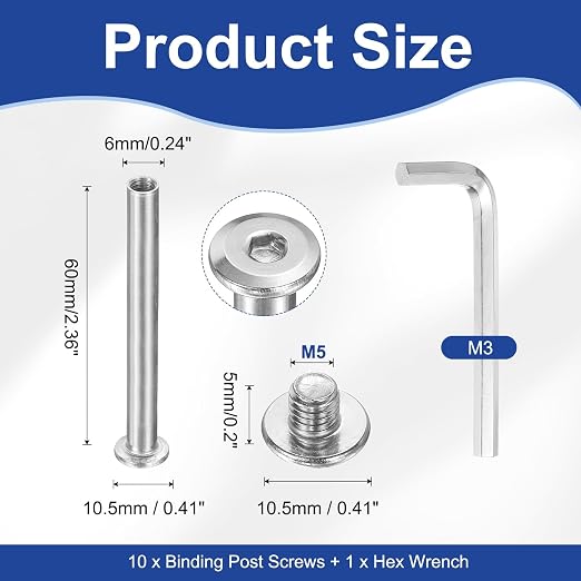 PATIKIL M5x5mm Hex Chicago Screws 6x60mm, 5Pcs 304 Stainless Steel Metric Hex Drive Socket Cap Binding Post Screw Posts for Scrapbook Leather Belt Album Furniture Repair, Silver