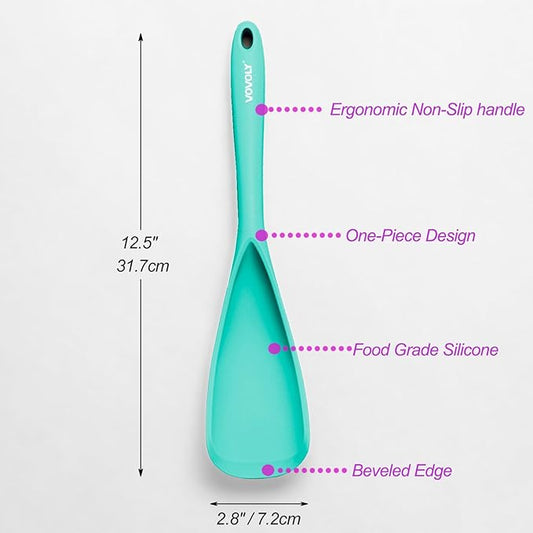 Cooking Spoon for Nonstick Cookwares, VOVOLY Silicone Spoon for Mixing, Scoop, and Scrape,Seamless Design, 12.6'', 2 Pack, Teal