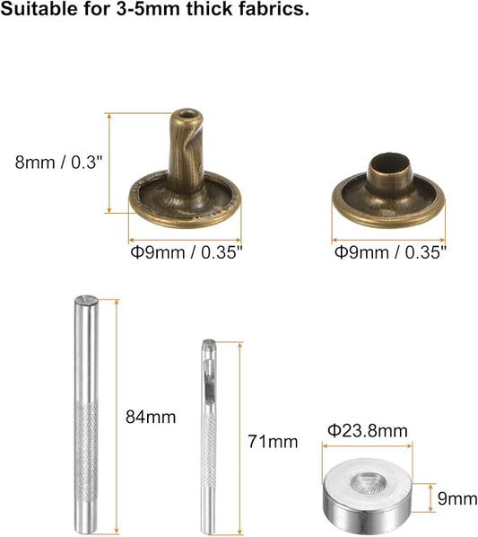 HARFINGTON 100 Sets Leather Rivets 8 x 9mm Metal Double Cap Rivet Snaps Studs Fasteners with 3pcs Setting Tools for Leather Craft DIY Repair Decoration, Bronze