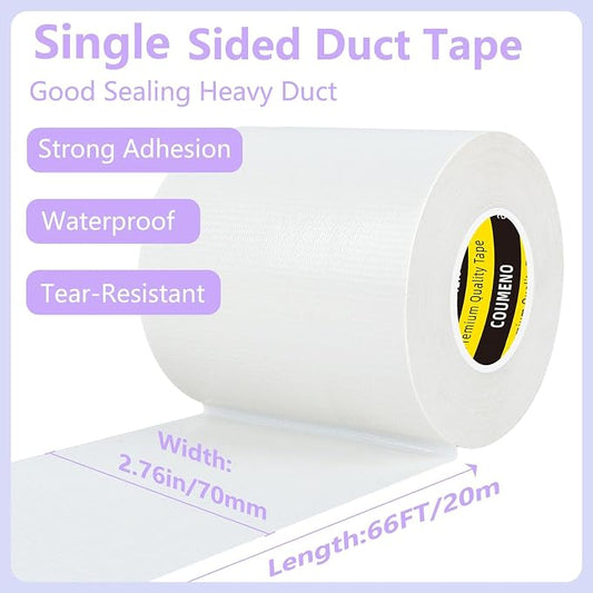 Duct Tape White, 2.8in x 66FT, Heavy Duty Industrial Grade Gaffer Tape 280μm, Waterproof Hand Tearable Repair Tape for Sealing, Bundling, Patching, Indoor & Outdoor Use