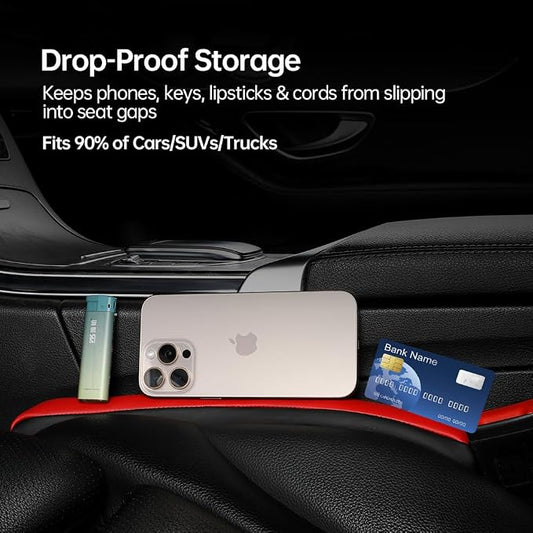 2Pack Leather Car Seat Gap Filler Anti-Drop Console Organizer, Scratch-Resistant Waterproof Easy to Clean, Fits 90% Vehicles Without Blocking Seat Movement (Black&Red)