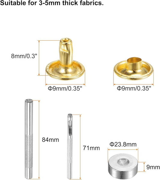HARFINGTON 100 Sets Leather Rivets 8 x 9mm Metal Double Cap Rivet Snaps Studs Fasteners with 3pcs Setting Tools Rivets for Leather Craft DIY Repair Decoration, Gold Tone