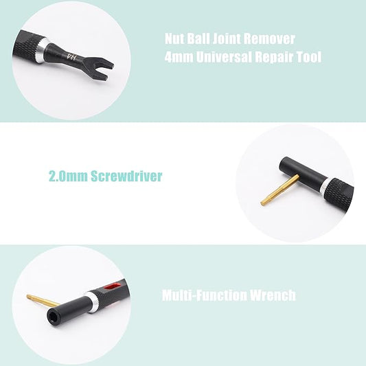 RC Multi-Function Wrench Turnbuckle Nut Ball Joint Remover 4mm Universal Repair Tool with 2.0mm Screwdriver for 1/10 1/8 1/24 Crawler Truck Off Road Car Boat Drone Airplane(Black Red)