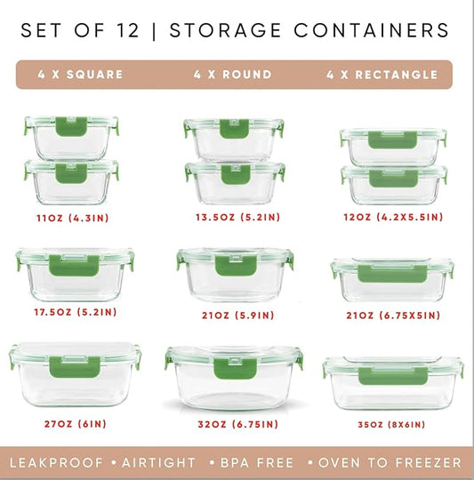 JoyJolt 24pc Borosilicate Glass Storage Containers with Lids | 12 Airtight/Freezer Safe Food Storage Containers for Pantry and Kitchen | Meal Prep Container for Lunch | Glass Tupperware Set